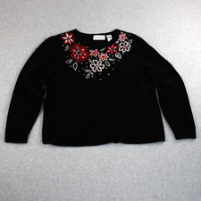 Alfred Dunner Sweater Women's Size L Black Red Gray White Chenille Floral