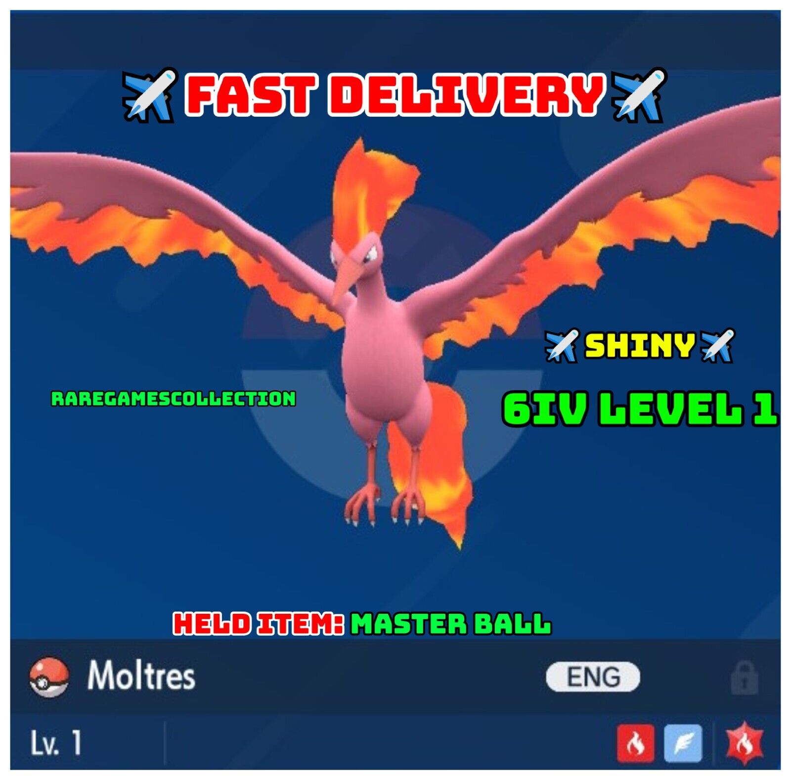 Pokemon Let's Go Shiny Moltres 6IV-AV Trained – Pokemon4Ever