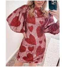 Farm Rio Women's Pink Hearts Sequin Long Sleeve Mini Dress Size M