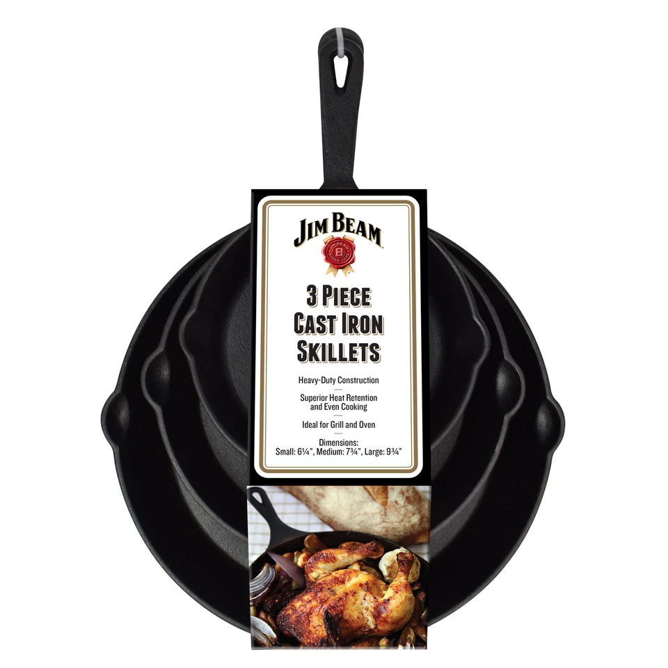 Jim Beam Bratpfanne aus Gusseisen mit Ausgießer, 3er Set BBQ Grillpfannen