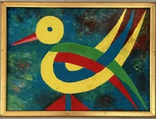 FANTASTIC VINTAGE MID CENTURY MODERN ABSTRACT BIRD OIL PAINTING OLD CUBISM 1960s