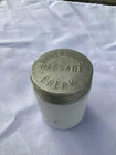 Vintage Demeridor’s Massage Cream Milk Glass Jar W Tin Lid Embossed