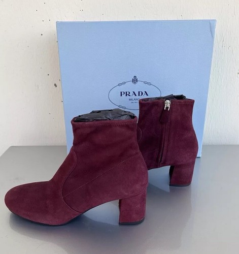 Prada Women's Burgundy Red Ankle Boots In Suede Size US 7.5 - Picture 3 of 9