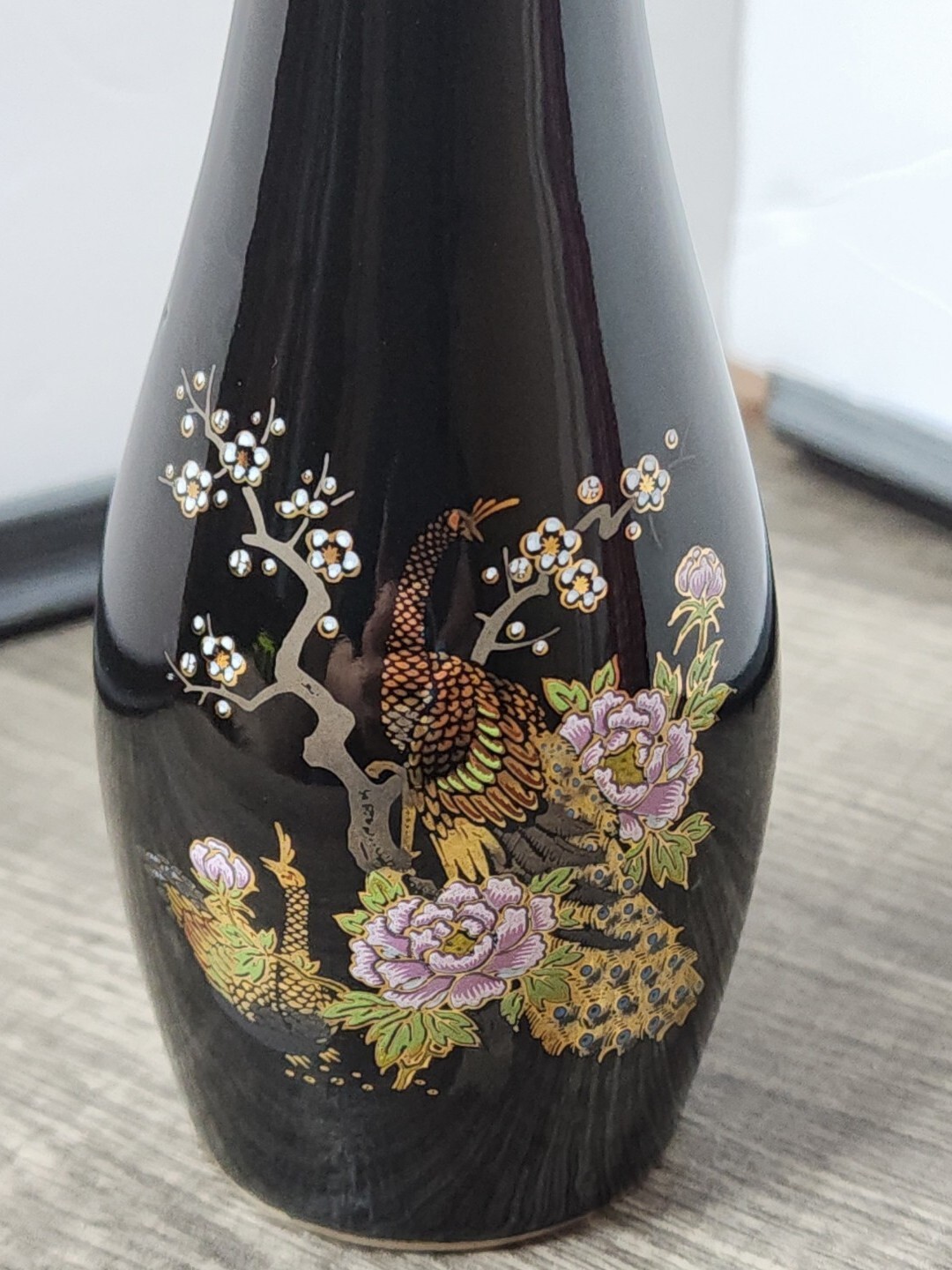 Asahi Japanese Vase Handpainted Pheasant Peacock Flowers Black Vase Gold Trim