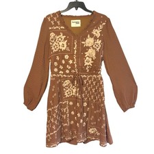Savanna Jane Embroidered Brown Long Sleeve V Neck Mini Dress Size L
