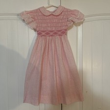 Vtg Pink Polly Flinders Smocked Dress White Lace Trim Sleeves 6X