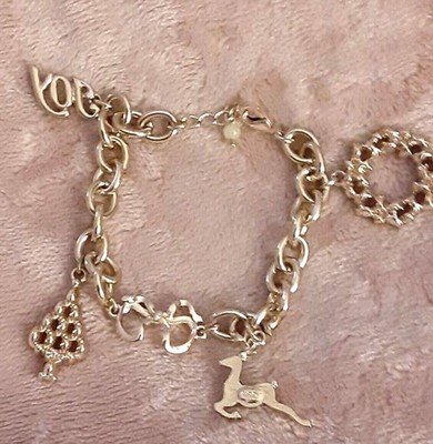 Vintage NRO Signed Gold Tone Holiday Christmas Charm Bracelet Joy Deer 7''