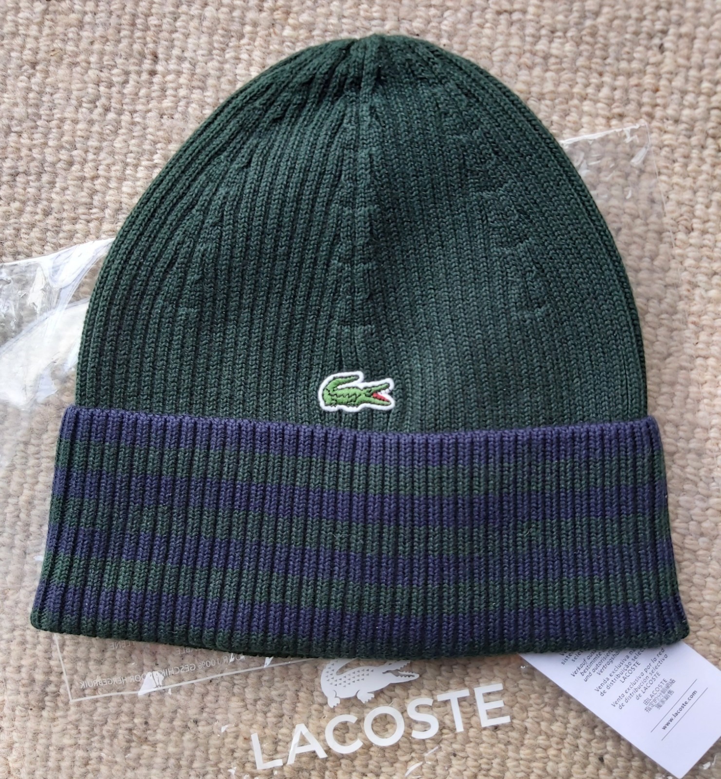 Genuine LACOSTE Green / Navy BEANIE Cuff Hat RB9882 Cotton Unisex Lac4