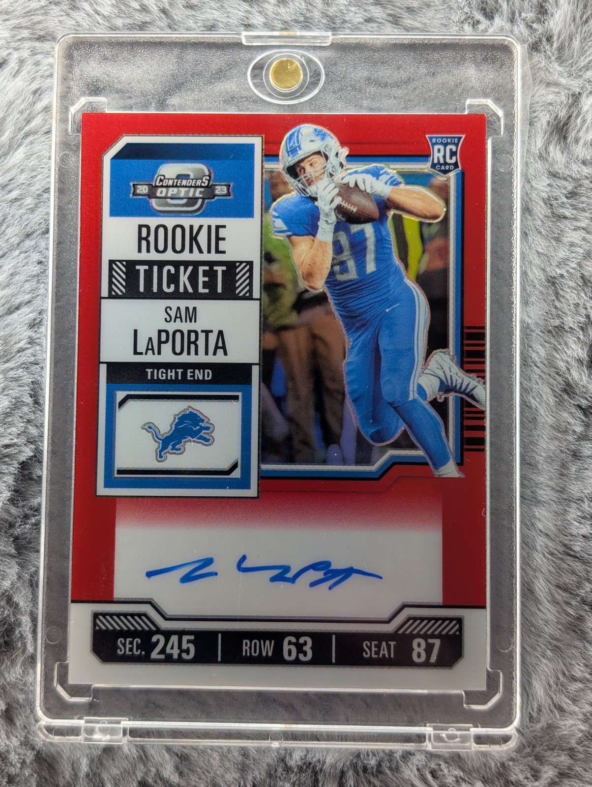 2023 Panini Contenders Optic Sam LaPorta RC Red Rookie Ticket RPS Auto /125