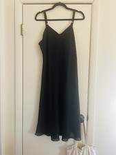 Vtg 90s Y2K Crepe Bias Cut Black Chiffon Rhinestone Strappy Midi Slip dress M