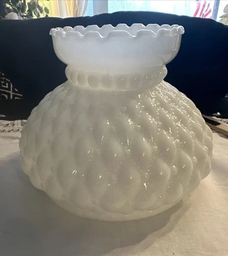 Vintage White Diamond Quilted Milk Glass Lamp Shade Student Fitter Hurricane MCM
