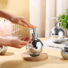 2 Pcs Disco Ball Soap Dispensers 14oz Refillable Pump Bottles Silver Mirror