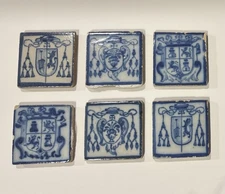 17th Cntry Spain ? Catholic Cardinal’s Coat Of Arms Heraldic Crest Cobalt Tiles