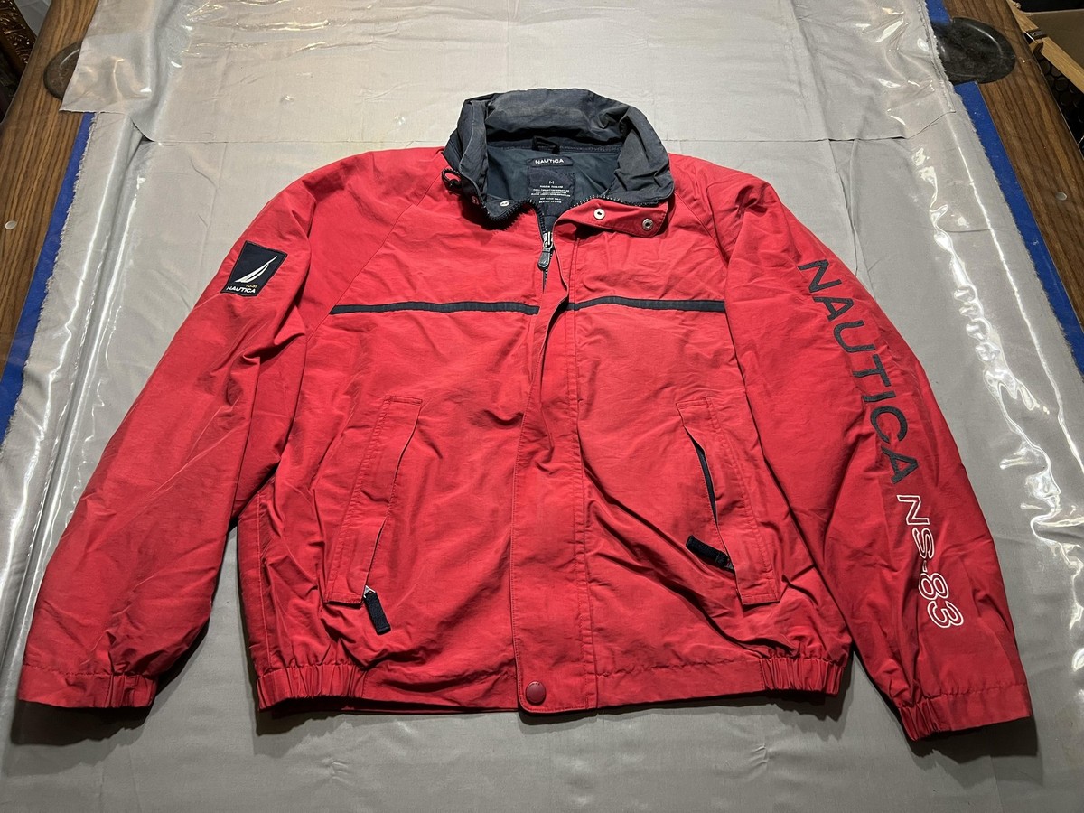 Nautica Jacket Mens Medium Red Windbreaker Hooded NS-83 Logo Full