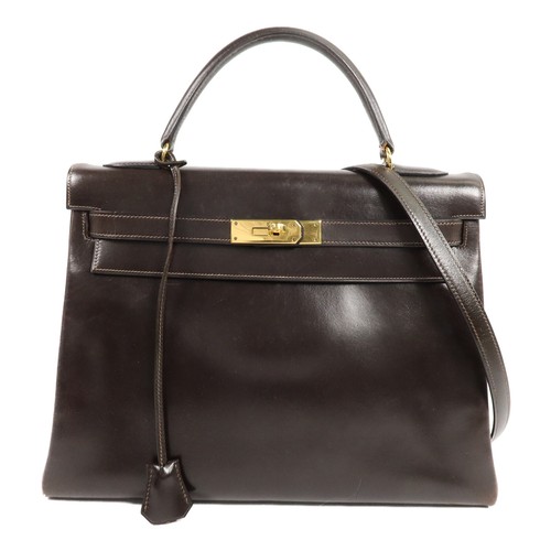 HERMES GHW Kelly 32 2 Way Shoulder Bag Box Calf Leather Brown