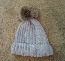 Womens Warm Chenille Winter Beanie Hat with Faux Fur Pom Pom Gray