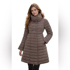 Moncler Johanna Long Down Puffer Coat Taupe Sz 1 Small Funnel Collar Snap Front