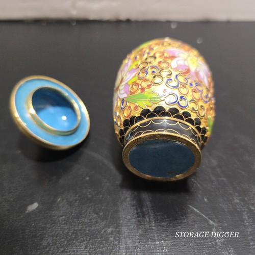 VTG Chinese Small Gold Floral Cloisonne Ginger Jar With Lid 4" Tall, Blue Inside - Picture 7 of 10