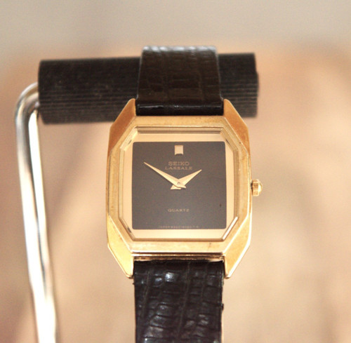 Seiko Lassale Watch Women 21mm Black Dial Gold Tone Octagon 8420-5089 Vintage