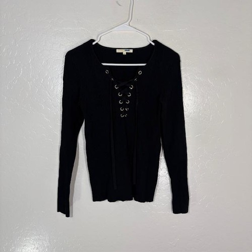 Maje Sweater Womens 3 Black Viscose Polyamide Lace Up Scoop Neck Pullover Knit