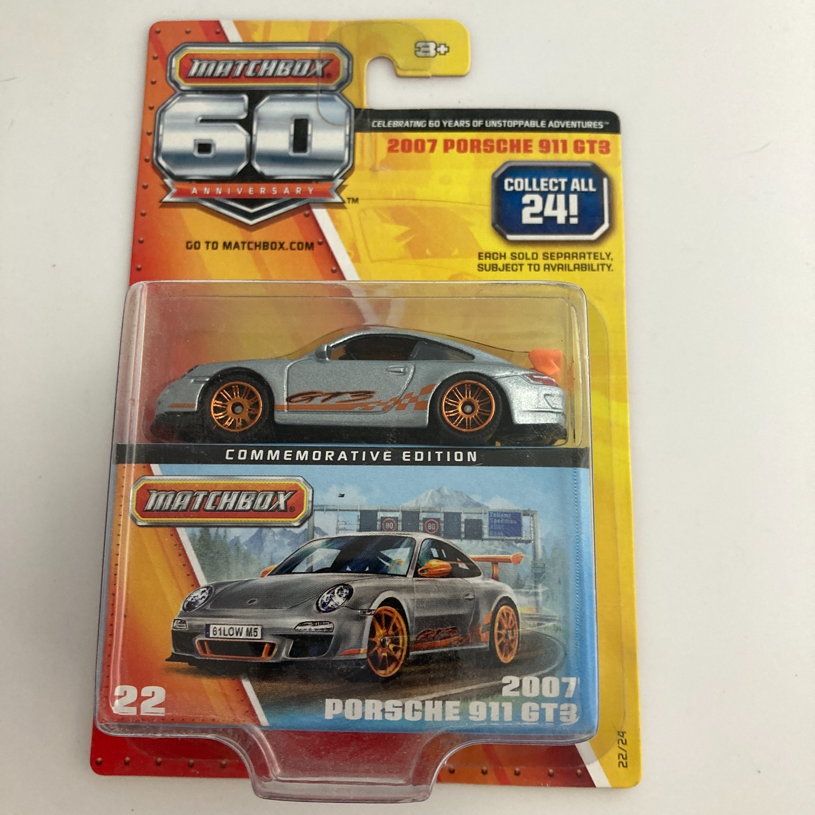Matchbox 60th Anniversary 2007 Porsche 911 GT3 Silver and Orange # 22