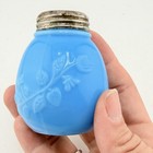Antique Fostoria Flower Sprig Blue Opal Glass Shaker c1897 Original Lid — photo 3