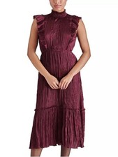 Steve Madden Burgundy Pleated Midi Dress Smocked Neck Ruffle Small