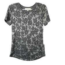 Ann Taylor Loft Everyday Top Shirt XS Floral Gray Silver Crewneck Short Sleeve