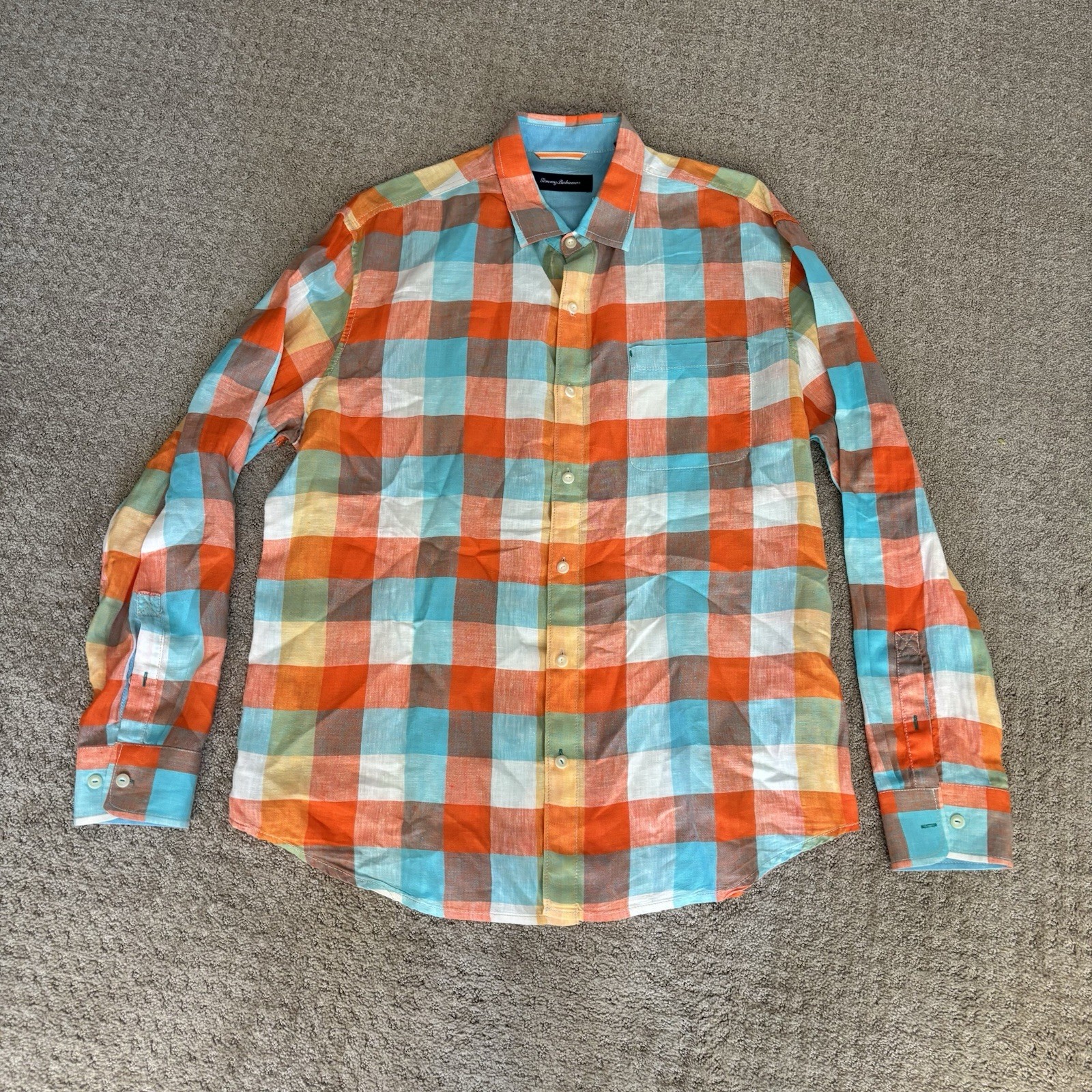 Tommy Bahama Men's button front shirt Long Sleeve Plaid 100% linen size XL/TG