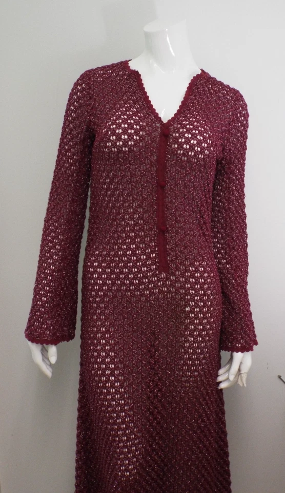 Vestido De Colección Años 60 Betsey Johnson Parafernalia Largo Granate Crochet Tejido Metálico S Foto 2 de 4