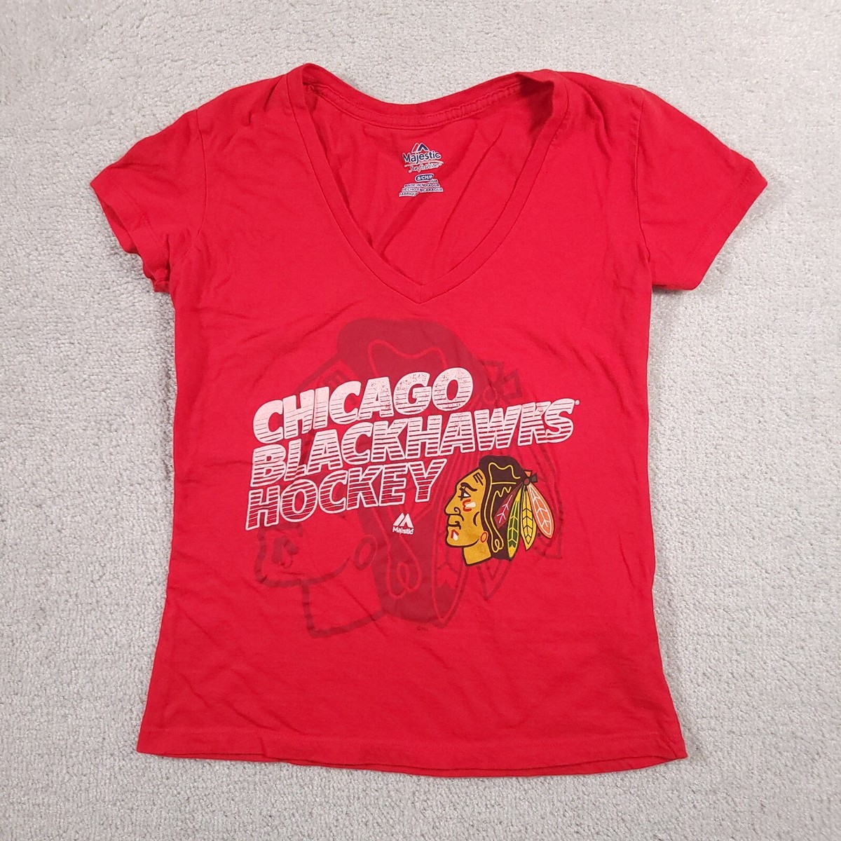 Chicago Blackhawks NHL Hockey Shirt Women's Small Slim Fit V-Neck Red Cap  Sleeve