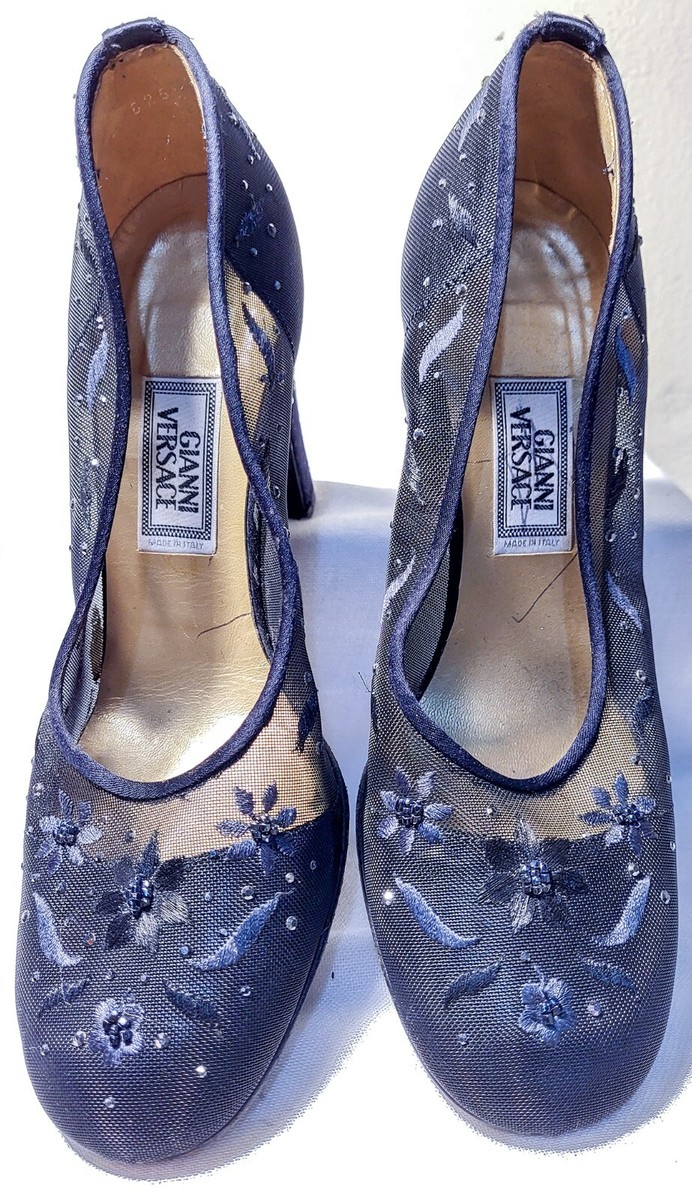 Vintage Gianni Versace 90s Black Beaded Pump Heels Shoes