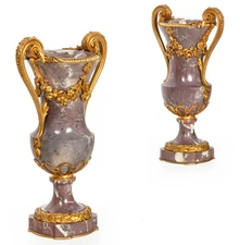 19th Century Pair of French Louis XVI Style Antique Bronze Violet Marble Vases