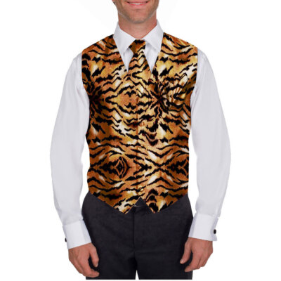 Men's Tiger Animal Print Tuxedo Vest Tie Hanky Set Proms Fashion Waistcoat