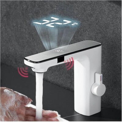White Sensor Touch On Bathroom Sink Faucet Basin Smart Digital Display Mixer Tap