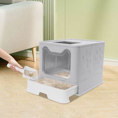Grey PP Enclosed Extra Giant Cat Litter Box Kitty Toilet House with Filter Home