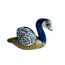 Vintage Tonala Mexican Pottery Bird Swan Duck with Brass Body Hand Painted READ