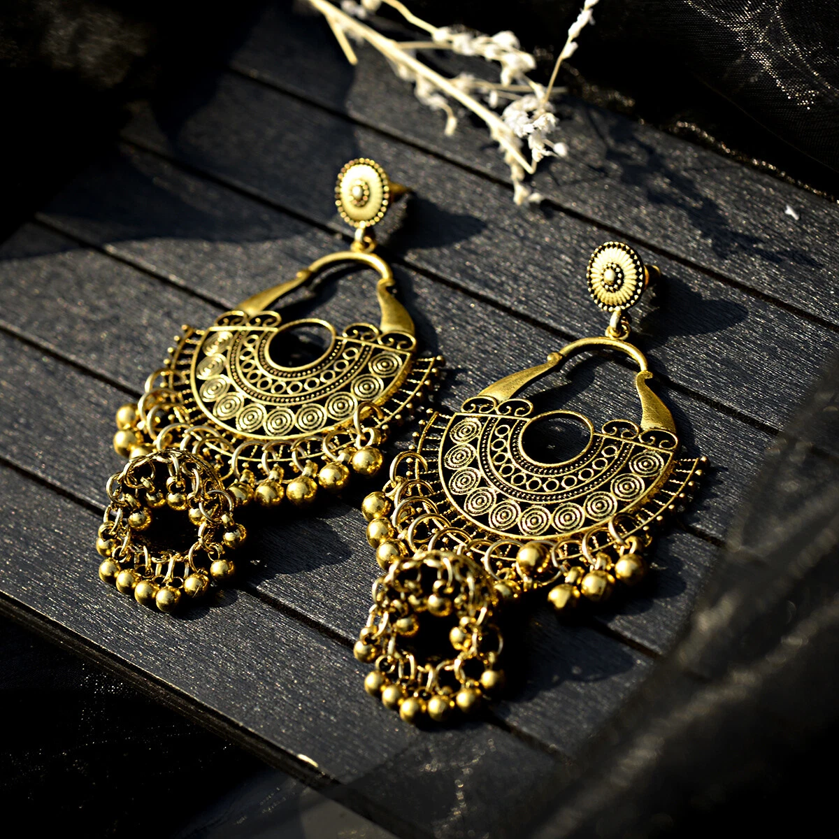 White Classic Circular Shaped Gold-Plated Earring With Drop Jhumka Ear