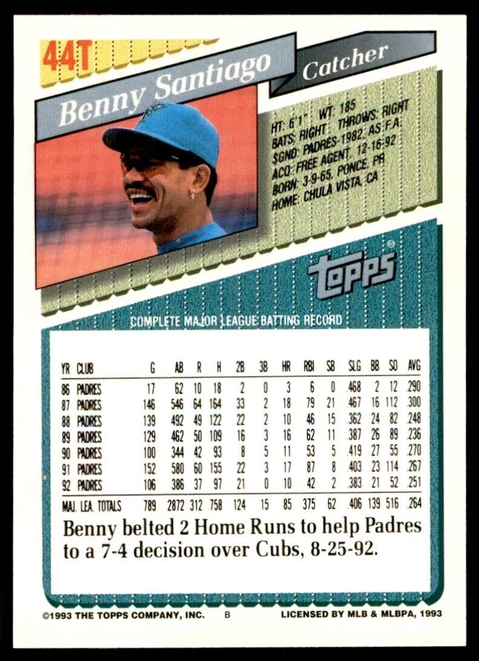 1993 Topps Traded Benny Santiago San Diego Padres #44T - Image 2 of 2