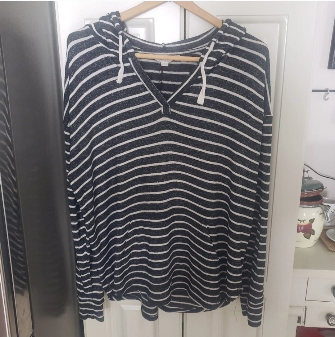 Market & Spruce Kallon Brushed Knit Hoodie Sweatshirt Gray White Striped L