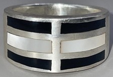 Mother Of Pearl And Onyx Inlay Sterling Silver Wide Band Size 6.5 9g