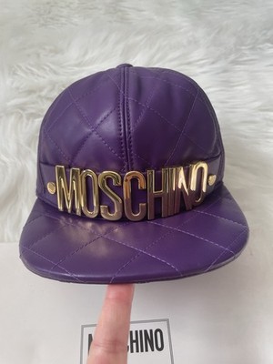 NWT MOSCHINO COUTURE Purple Leather Cap Gold Lettering Size S