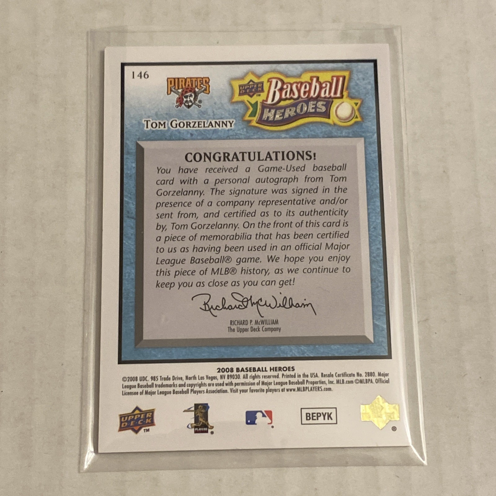 2008 UD Baseball Heroes Tom Gorzelanny Game Used Patch Auto Autograph Blue /75 view 2