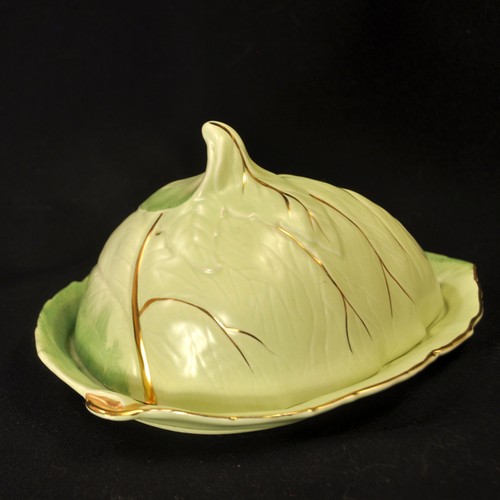 Royal Winton Grimwades Butter Cheese Keeper Leaf Ware Light Green w/Gold 1950's - Picture 9 of 12