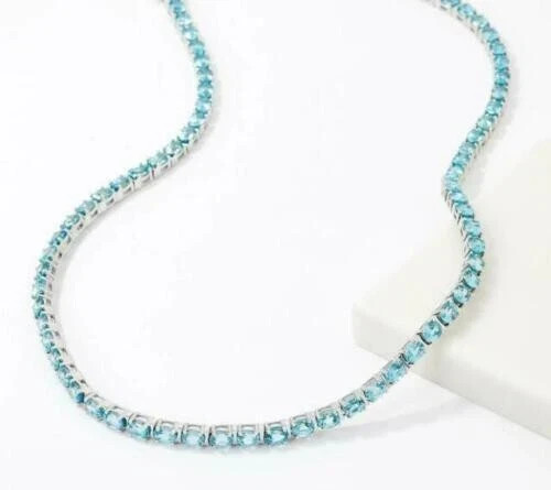4mm Round Lab Created Women's Tennis Aquamarine Necklace 14K Wh Gold Plated 18