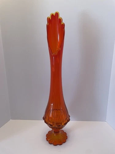 Vintage Fenton Persimmon Swung Glass Paneled Vase Orange 24” Tall #D