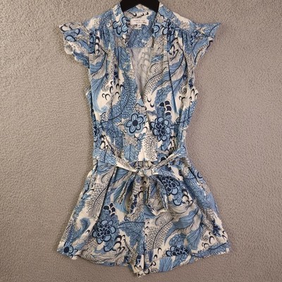 Derek Lam Collection Romper Womens 40 US 4 Blue Floral Flutter Sleeve Belted