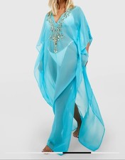 Gold Embellished Turquoise Blue Maxi Beach Kaftan Size M 10-12 Free Delivery 
