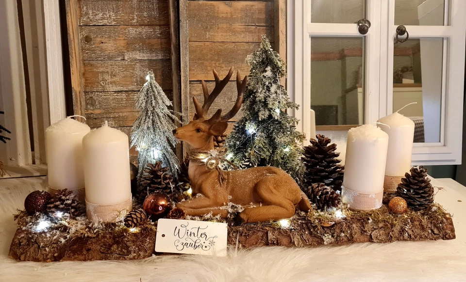 🌿 Weihnachten Advent Holz Tablett Adventskranz Hirsch Kerzen Natur LED  🌿 - Bild 4 von 4