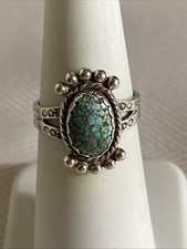 Native American Signed Beautiful Sterling Spiderweb Green Turquoise Ring Size 5